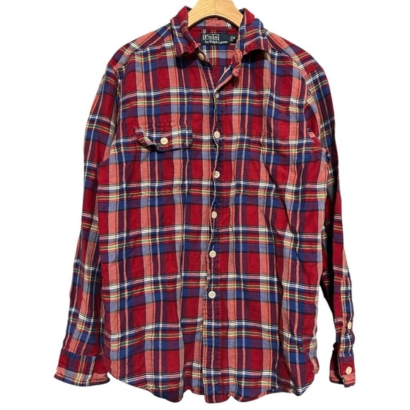 Polo Ralph Lauren Vintage Men’s Size M Red Blue Flannel Plaid Button Down Shirt - Picture 2 of 6